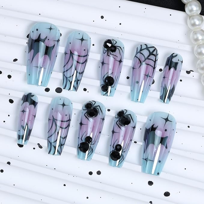 24Pcs Halloween Blue Gradient Press on Nails Medium Square Fake Nails with Black Spider Web Bat Design Star False Nails Full Cover Artificial Glue on Nail Gothic Halloween Stick on Nails for Women