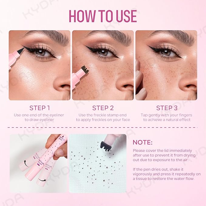 KYDA Freckle Liquid Eyeliner Pen, 2 in 1 Freckles Stamp and Black Liquid Eyeliner, Waterproof and Long lasting Soft Dot Spot Pen Realistic Fake Freckles for Natural Lifelike Sun-kissed Makeup-DARK