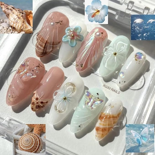 French Tip Press on Nails Medium Almond Nails Tip 3D Butterfly Fake Nails Reusable Cute Flower Acrylic Nails Gem Rhinestones False Nails with Water Ripples Design for Women Manicure Accessories 30Pcs
