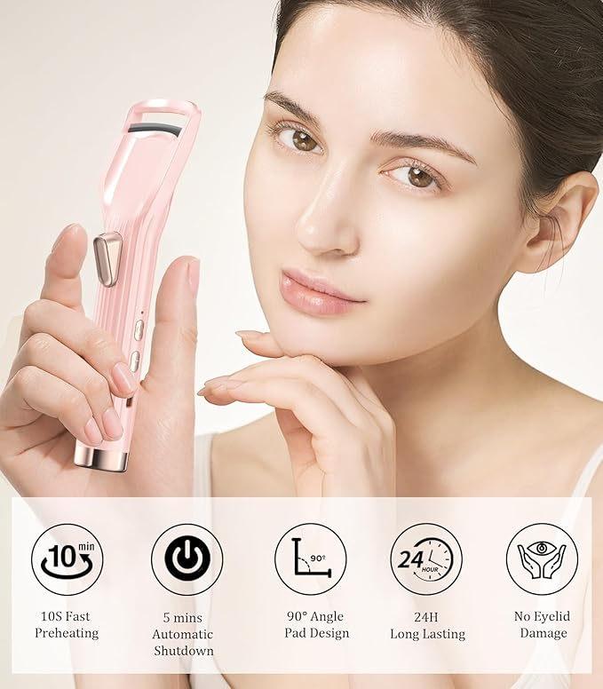 Heated Eyelash Curler Premium PRO - Fast Heat up in 8s - 24 Hours Long Lasting - Rechargeable Electric Eyelash Curler with Type-C, Innovative L Silicone, 2 Heat Modes, Anti-Burn Eyelid, Pink-DB