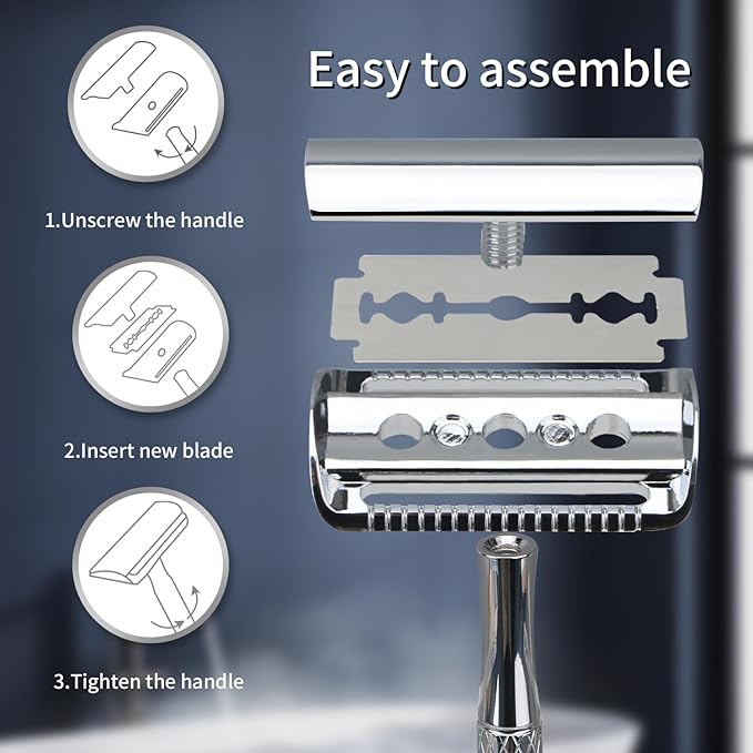 Shiny Silver Double Edge Safety Razor, Single Blade Razors for Men and Women, with 10 Stainless Steel Safety Razor Blades, Reusable, Smooth and Close Wet Shaving Kit, Plastic Free