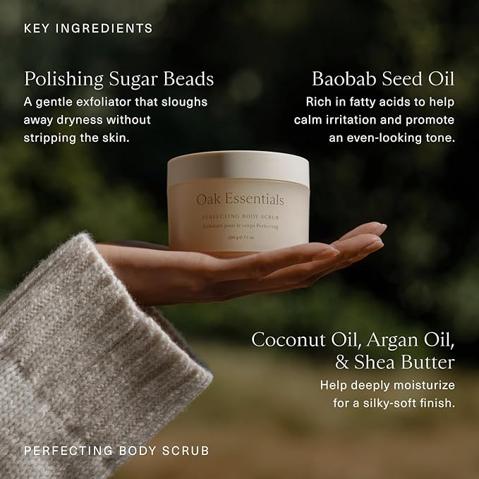 Oak Essentials Perfecting Body Scrub | Gentle Sugar Body Exfoliator for Visibly Smoother, Softer Skin, 7.1 Oz