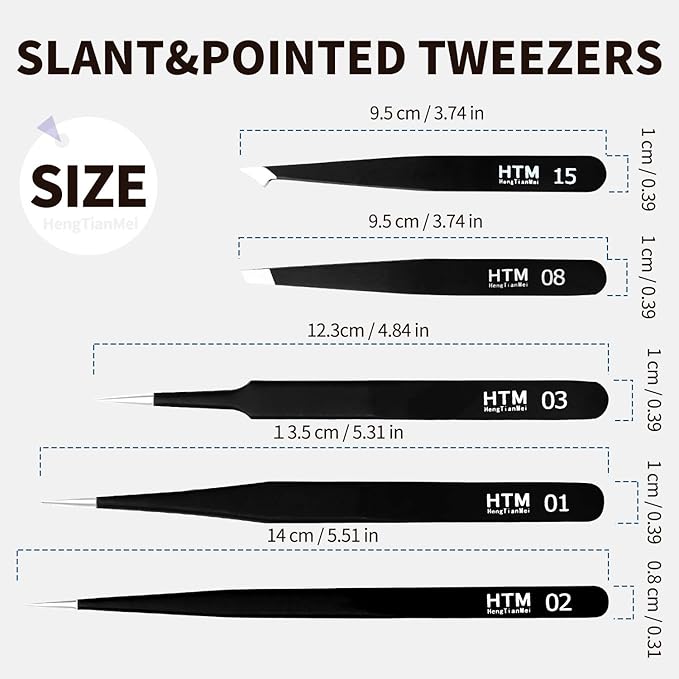 HengTianMei 8Pcs lash tweezers 3 Stainless Straight and 3 Curved Tip Eyelash Tweezers, With 2 Slant Pointed Precision Eyebrows Tweezers for eyelash extensions, Facial Hair, and Ingrown Hair Removal