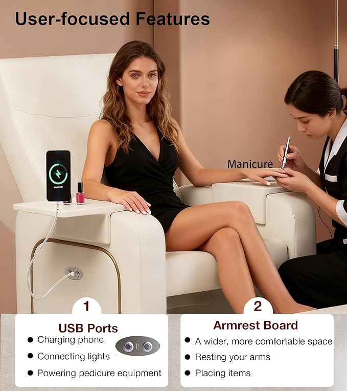 VARONXE Electric Reclining Pedicure Chair No Plumbing for Foot Spa, Profesional Pedicure Stand with Tool Pouch for Nail Teach, Ergonomic Pedi Sofa with Sliding Tray for Small Spaces, Off-White