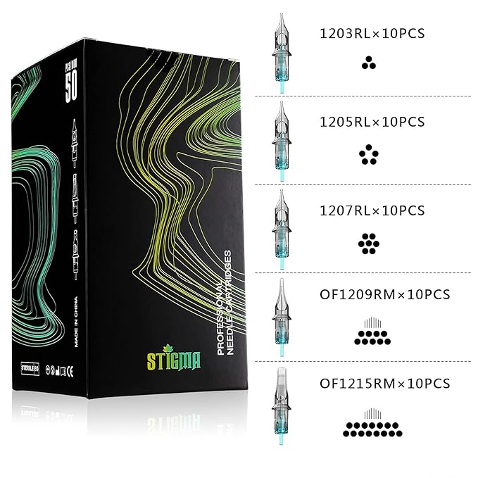 STIGMA Aquamarine Knight Tattoo Cartridge Needles 50pcs Assorted Sizes 0.35mm RL+RM (1203RL 1205RL 1207RL 1209RM 1215RM) Round Liner/Round Magnum EN02B-50KIT-X