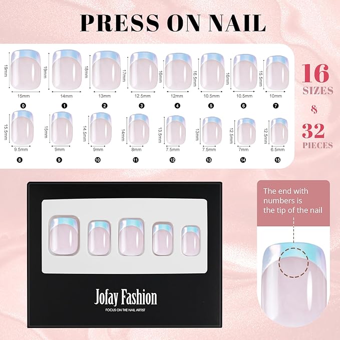French Tip Press on Nails Short, Jofay Fashion Soft Gel Fake Nails, Classic Aurora French Nails, Reusable & Natural Acrylic False Nails, Stick on Nails for Women Girls Gift, Glue on Nails Kit 32 Pcs