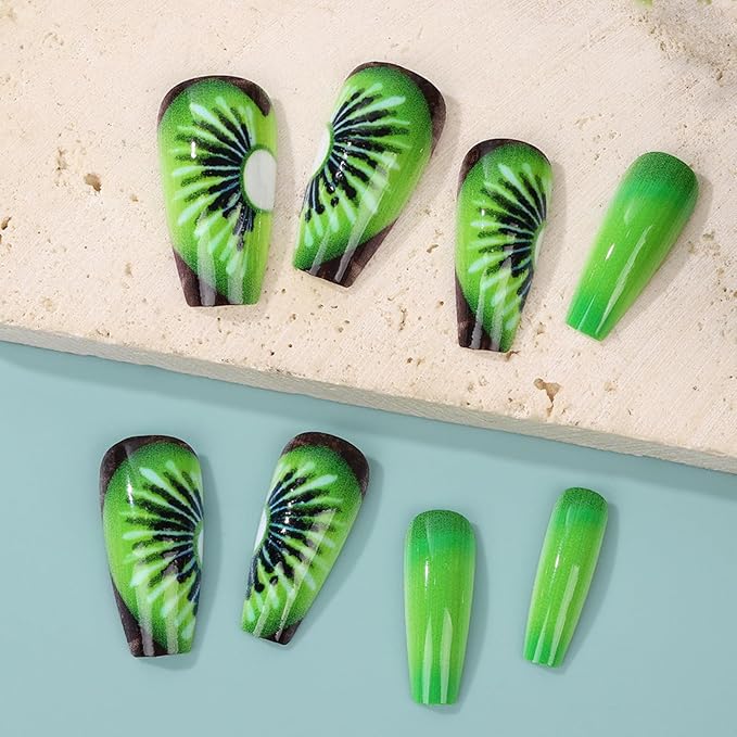 Coffin Press on Nails Long Fake Nails Green False Nails with Designs Artificial Nails Glossy Stick on Nails for Women 24pcs