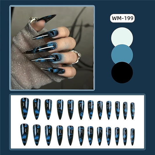 Dark Blue Almond Tip Press on Nails Extra Long Black Butterfly Pattern Design Full Cover Glossy Acrylic Fake Nails Blue Smudge Artificial Fingernails 24Pcs DIY Reusable Glue on Nails for Women