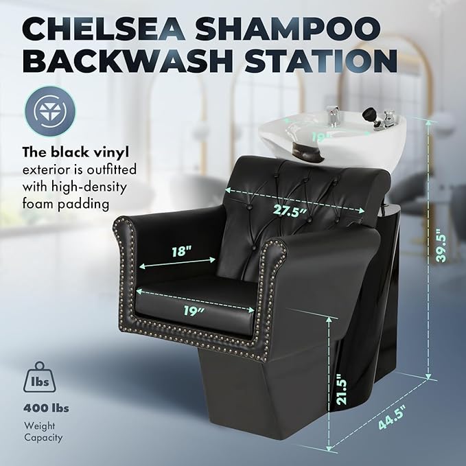 Buy-Rite Chelsea Backwash Station - Black Tufted Chair, White Tilting Porcelain Sink, Nailhead Trim, Removable Cushion, Faucet, Hose & Vacuum Breaker, NIN-9902BW
