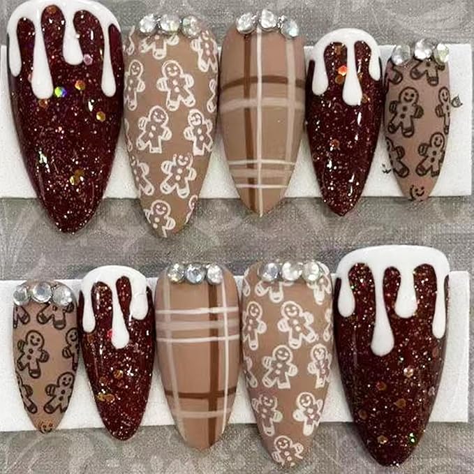 Christmas Press on Nails Medium Almond Fake Nails Cute Gingerbread Man False Nails with Rhinestones Designs Red Brown Glitter Designs Xmas Artificial Stick on Nails for Women Girls DIY 30Pcs