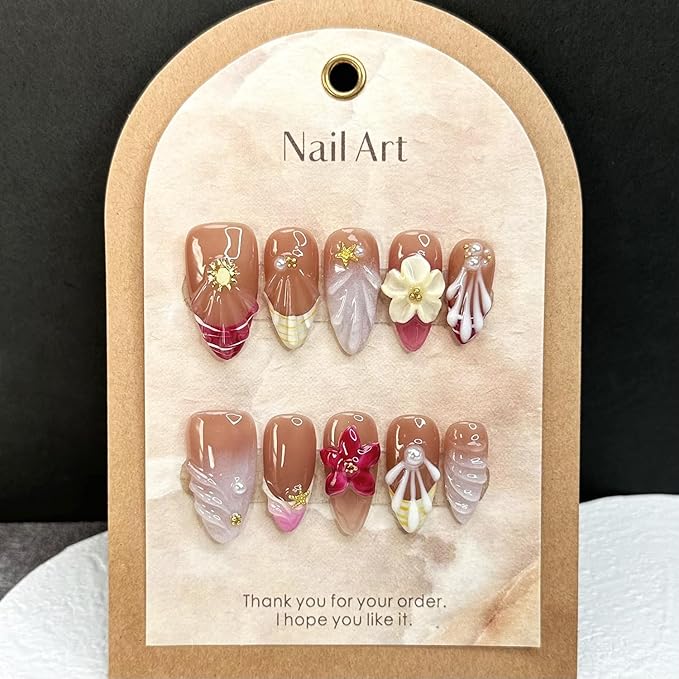 10pcs Handmade Press on Nails Medium Almond Fake Nails with 3D Flower Gold Beads Star Designs French Tip False Nail Summer Fall Acrylic Nails Full Cover Glue on Nail for Women Nail Decoration