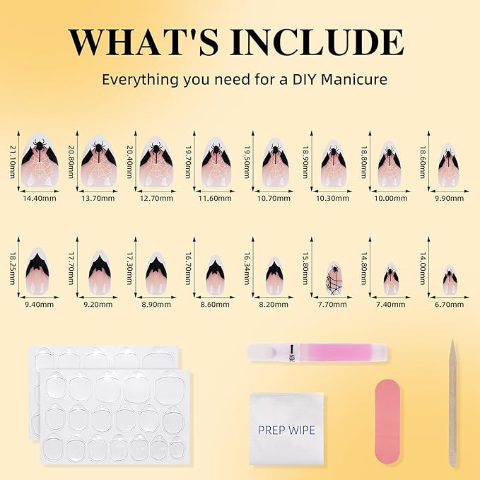 Halloween Press on Nails - French Tip Press on Nail with Blakc Web Bat, Short Almond Fake Nails Reusable Nails Press ons, 32 Pieces in 16 Sizes False Nails Kit with Glue, Grave Whisper