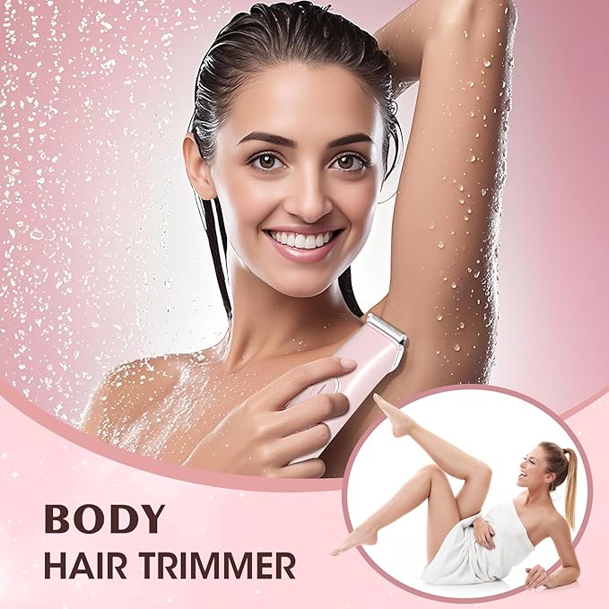 Lanumi 2 in 1 Electric Shaver Dual Head Bikini Trimmer Women IPX6 Wet Dry Pubic Hair Trimmer Rechargeable Body Facial Hair Remover for Face Lip Chin Underarm Legs (Pink)