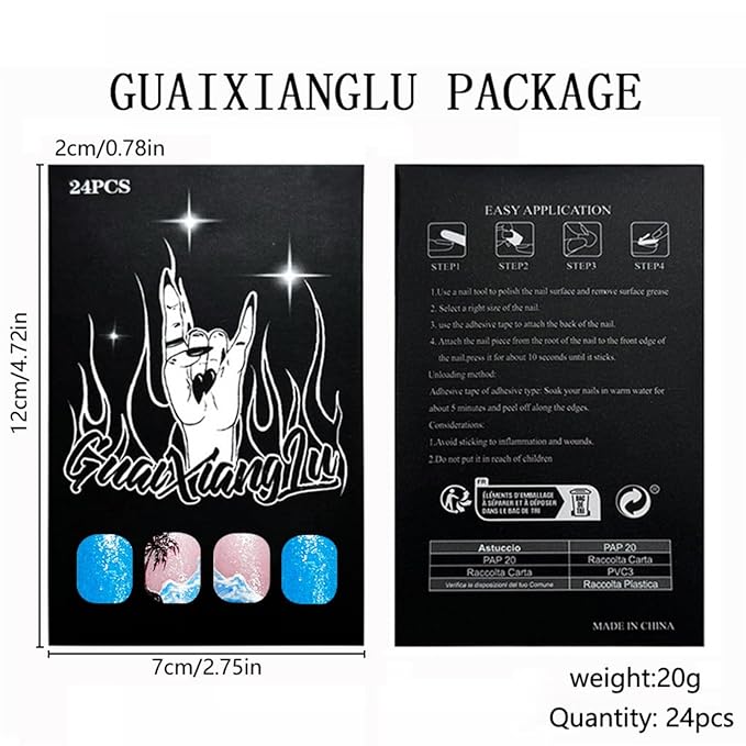 Summer Press on Nails Short Square Fake Nails with Designs Sea wave False Nails Glossy Full Cover Acrylic Nails Beach Glue on Nails Artificial Plam Tree Stick on Nails for Women Manicure 24 Pcs