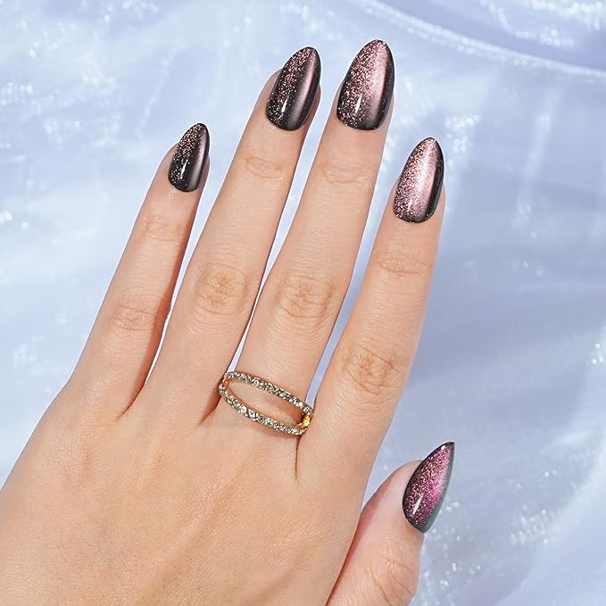 Cat Eye Press on Nails Short, Jofay Fashion Soft Gel Fake Nails, Purple-Green Color-changing Shimmer Cat Eyes Nails, Reusable & Glossy Acrylic False Glue on Nails Kit for Women