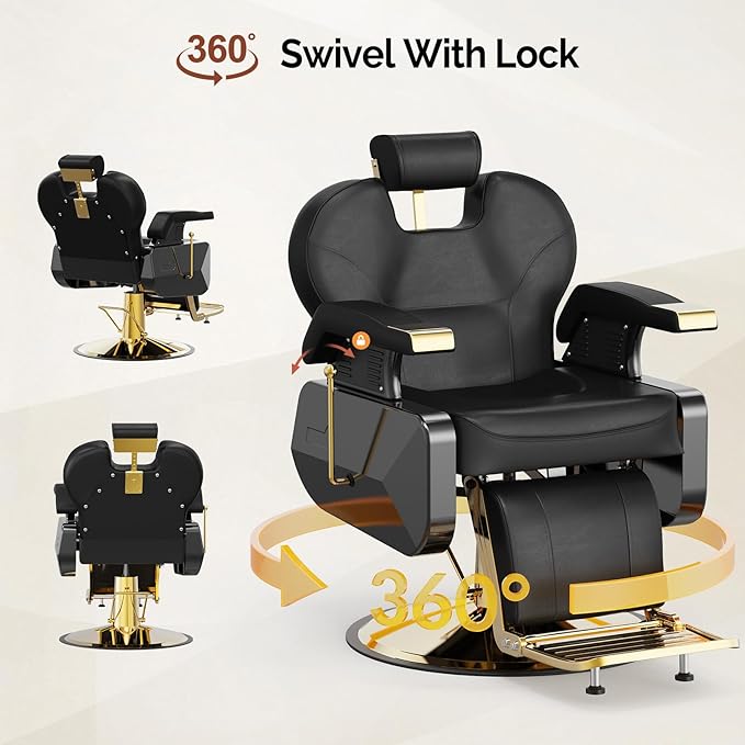 OmySalon All Purpose Hydraulic Barber Chair Recline 360 Degree Swivel Height Adjustable Heavy Duty Hairdresser Chair Beauty Salon Spa Tattoo Styling Barbershop Equipment Gold & Black