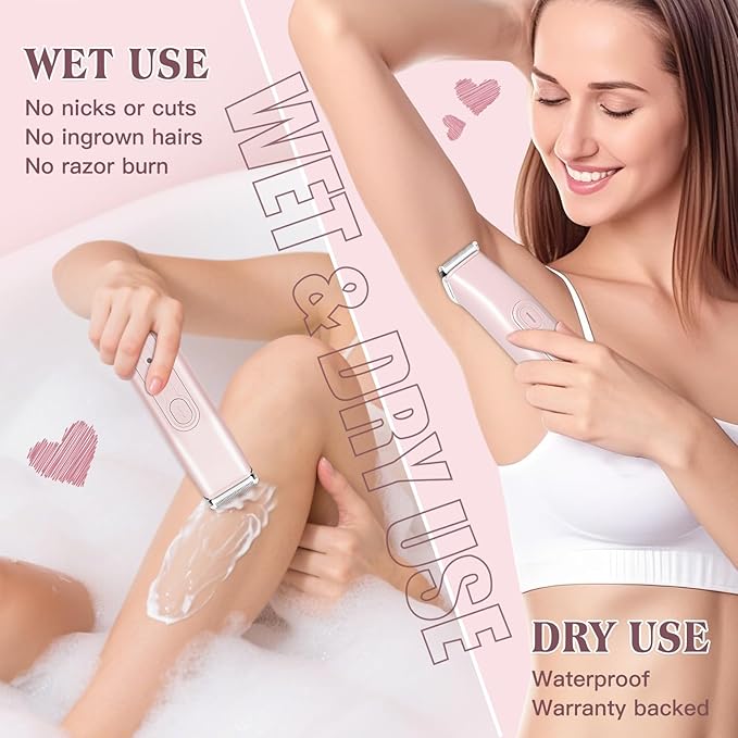 Bikini Trimmer Electric Razors for Women, 2-in-1 Dual-Head Cordless Body Hair Trimmer Facial Hair Removal for Face Lip Chin Pubic Underarm Legs, IPX6 Waterproof, Gifts for Women