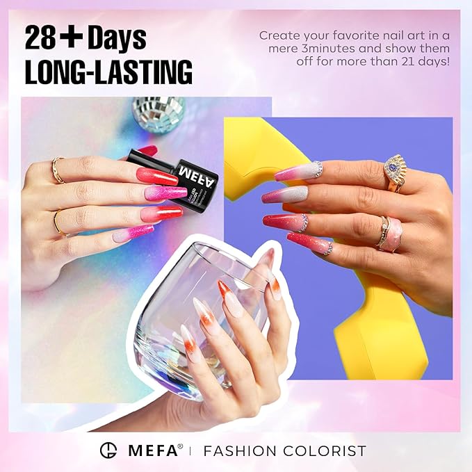 MEFA Color Changing Gel Nail Polish Set 6 Colors, Temperature Mood Changed Glitter Blue Pink Purple Red Orange Ombre Soak Off Nail Art Design Kit Manicure Home DIY Gifts for Women Girls