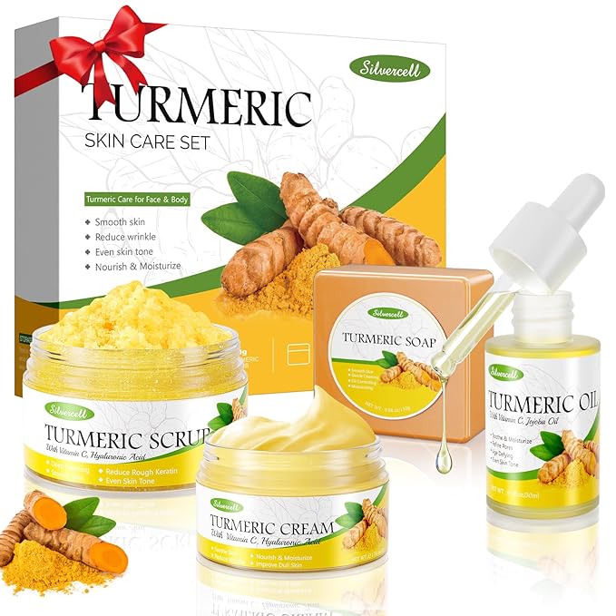 Turmeric Skin Care Set Christmas Gifts for Teens, Skincare Gift Set with Turmeric Soap, Oil, Cream & Scrub to Even Glow Tone, Hydrating Travel Skincare Set Natural Facial Kit for Women & Teen Girls