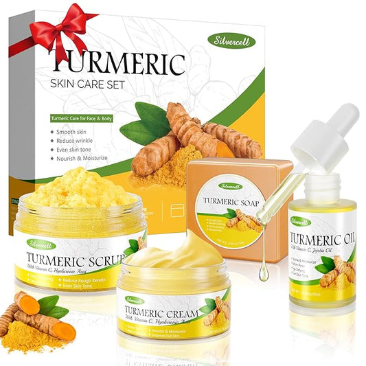Turmeric Skin Care Set Christmas Gifts for Teens, Skincare Gift Set with Turmeric Soap, Oil, Cream & Scrub to Even Glow Tone, Hydrating Travel Skincare Set Natural Facial Kit for Women & Teen Girls