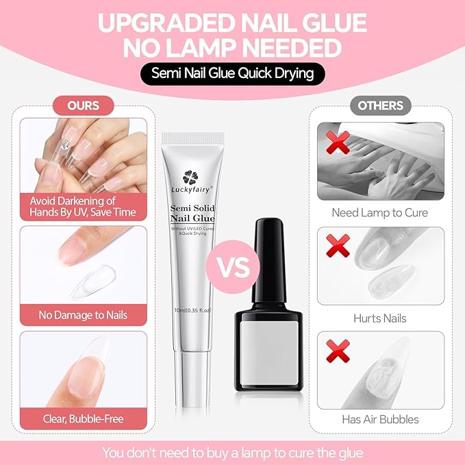 Super Strong Solid Nail Glue Gel for Press On Nails Tips, No Lamp Needed Semi Gel Nail Glue 10g (2pcs) Quick Drying Adhesive Long Lasting Fake Acrylic Nails Kit