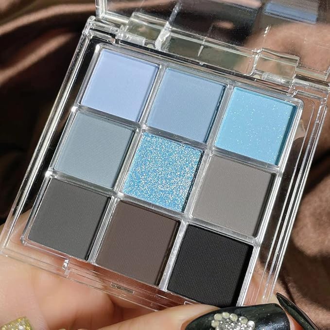 9 Colors Blue Grey Highly Pigmented Colorful Eyeshadow Palette,Matte Shimmer Navy Blue Sky Blue Grey Eye Shadow Makeup Palettes,Long Lasting Waterproof Eye Makeup Palette