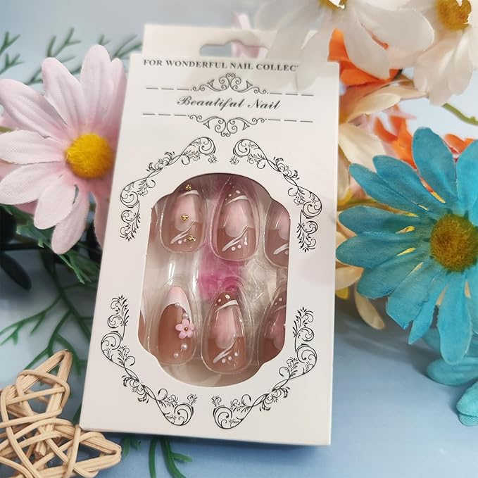 3D Flower Press on Nails 24Pcs White French Acrylic Full Cover Fake Nails Peach Blossom Gel Glue on Fingernails Glossy Pink Gradient Medium Almond False Nail Pearl Stick on Nail for Holiday Manicure