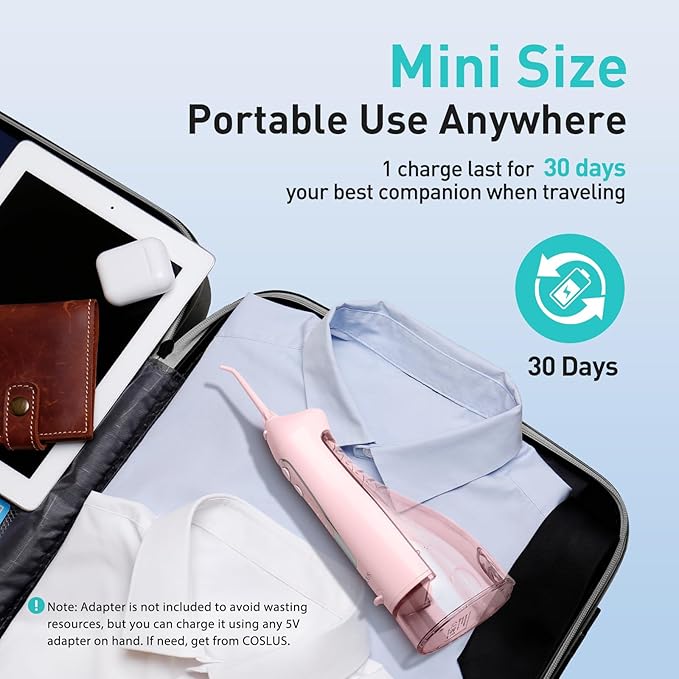 COSLUS Water Dental Flosser Teeth Pick: Portable Cordless Oral Irrigator 300ML Rechargeable Travel Irrigation Cleaner IPX7 Waterproof Electric Flossing Machine for Teeth Cleaning C20(F5020E) Pink