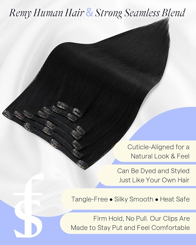 Full Shine Clip in Human Hair Extensions Black Hair Clip in Extensions Human Hair Black Triple Weft Hair Extensions Extra Volume 18 Inch 7 Pcs 135 G