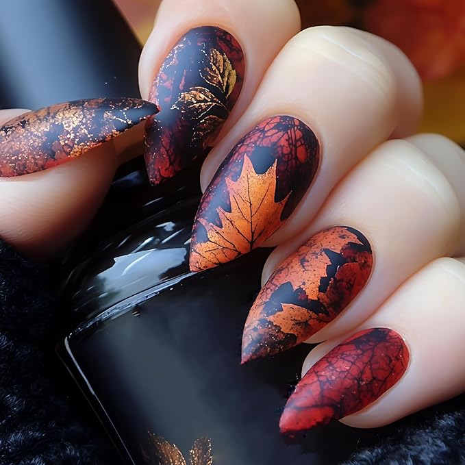 24Pcs Fall Press on Nails Medium Almond Fake Nails Maple Leaf False Nails Autumn Full Cover Acrylic Nail Maple Leaves Glue on Nails Reusable Thanksgiving Artificial Nail Supplies for Women