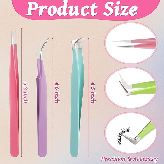 High Precision Lash Tweezers Set 6 Pack Stainless Steel Eyelash Extension Tweezers for Classic, Volume, Mega Volume Lashes, Facial Hair, Eyebrow, Hair Removal, Crafting Making(Colored)