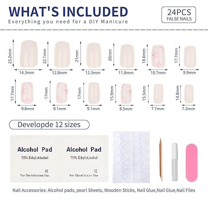 Nude Press On Nails Medium Square, Pink Flower Fake Nails with 3D Floral Design, Glossy Finish Reusable Acrylic Nails, Natural Glue On Nails Kit for Women, 24Pcs