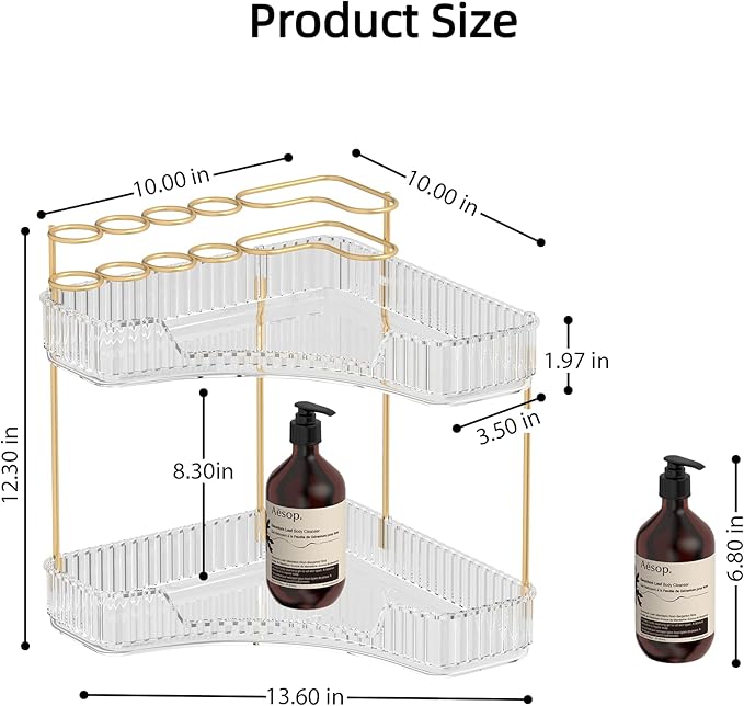 Makeup Organizer Countertop 2 Tier, Corner Bathroom Countertop Organizer with Toothbrush and Makeup Brush Holder, Corner Vanity Tray for Skincare Organization