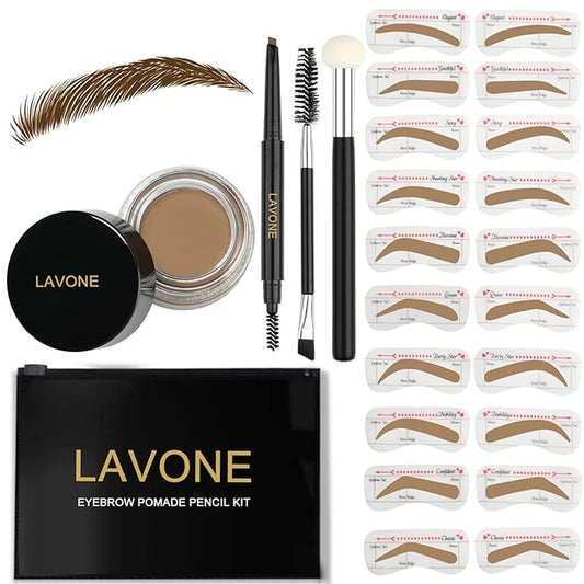 LAVONE Eyebrow Stamp Stencil Kit, Brow Stamp Trio Kit with Waterproof Eyebrow Pencil, Eyebrow Pomade, 20 Eyebrow Stencils, Dual-ended Eyebrow Brush and Sponge Applicator - Taupe