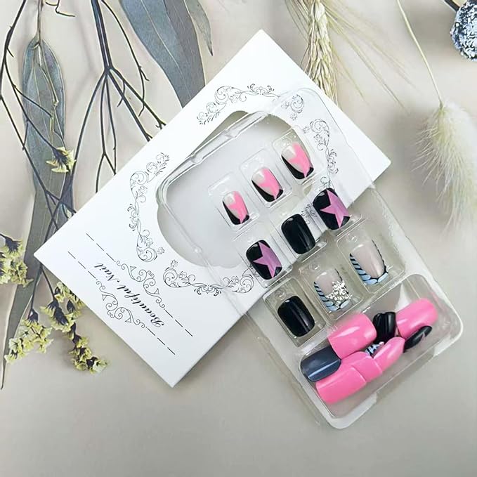 24Pcs Leopard French Tip Press on Nails Short Square Fake Nails 3D Star Acrylic Nails Black Gloss False Nail with Pink Star Design Reusable Artificial Glue on Nail for Women DIY Manicure Supplies