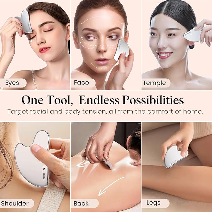 Stainless Steel Gua Sha Facial Tools, Lymphatic Drainage Massager for Face Sculpting, Chin & Jawline Shaper, Metal Guasha Tool for Body Eyes Neck, Self Skin Care Gift for Women Men with Pouch