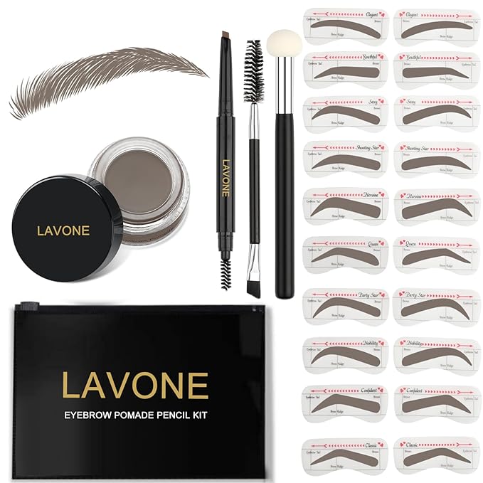 LAVONE Eyebrow Stamp Stencil Kit for Eyebrow, Brow Stamp Trio Kit with Waterproof Eyebrow Pencil, Eyebrow Pomade,20 Eyebrow Stencils,Dual-ended Eyebrow Brush and Sponge Applicator - Grey