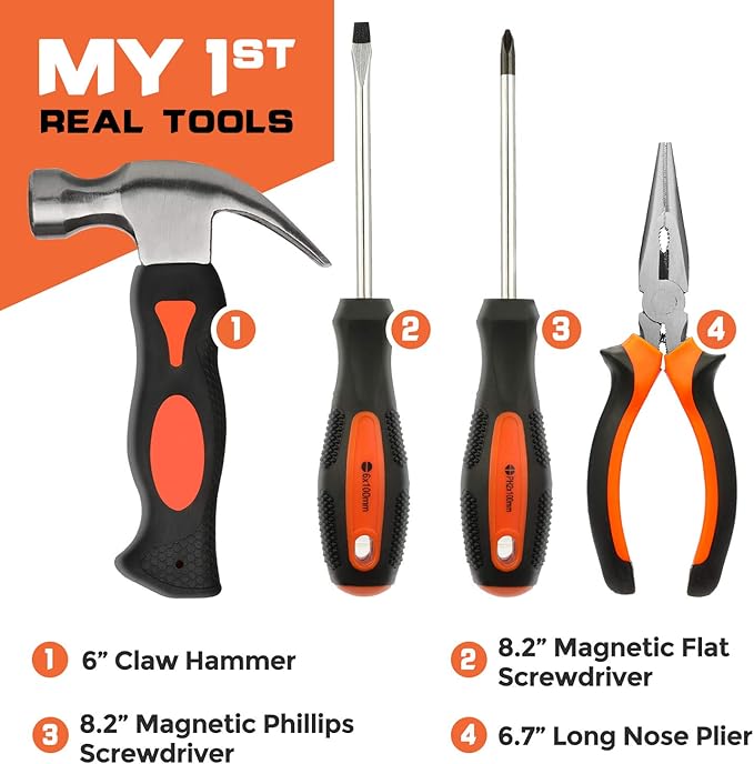 INCLY 18PCS Real Tool Set with Reinforced Belt, Adjustable Waist 20"-32", Real Hand Tools Kit Construction Learning Tools Hammer Screwdriver for Home DIY Building & Woodworking