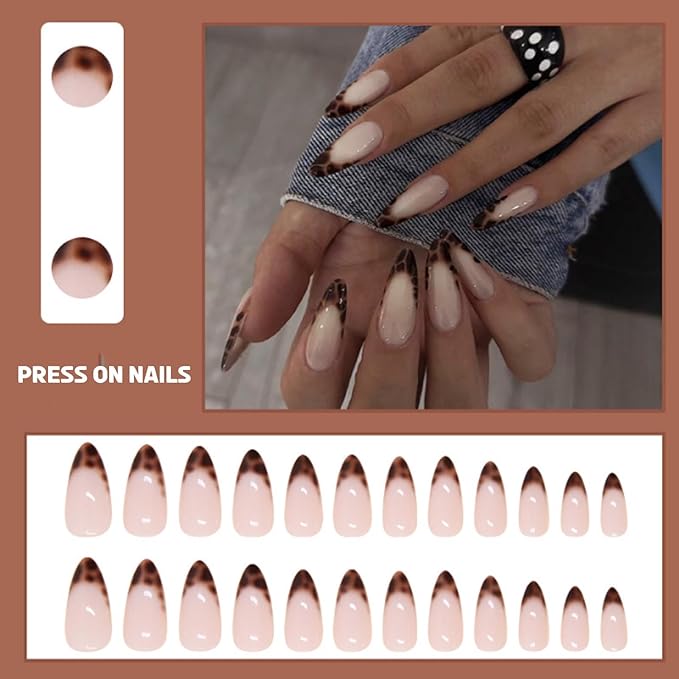 Hkanlre Leopard Print Press on Nails Nude Medium Fake French Nails Tips Full Cover Almond False Nails for Women 24PCS