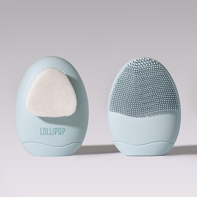 LOLLIPOP Dual-Sided Facial Cleansing Brush | Palm Size Silicone Face Exfoliator and Soft Fiber Cleanser | Manual Face Scrubber for Pores, Makeup Removal, Blackhead and Skincare Routine, Oceanic