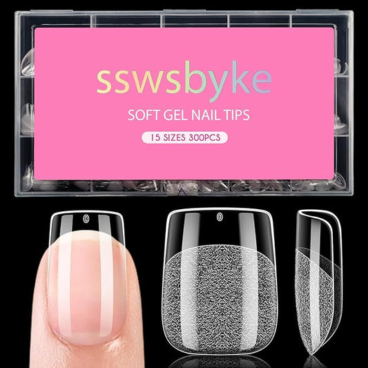 Extra Short Square Nail Tips, SSWSBYKE Gel Acrylic Nail Tips for Full Cover Pre-Shaped Fake Nails Tips Half Matte Press On Nails for Extension Home DIY Salon 300pcs 15 Sizes