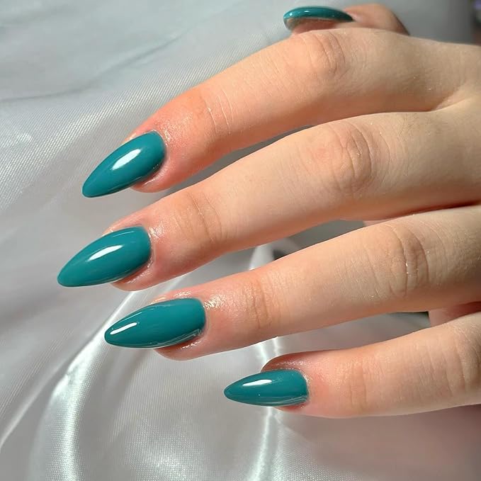 Wooyas Press on Nails Medium, Blue Almond Glossy Handmade Fake Nails Reusable, Fit Perfectly Glue On Nails in 12 Sizes - 24 Pcs Soft Gel Glue On Nails Kit for Women Girls