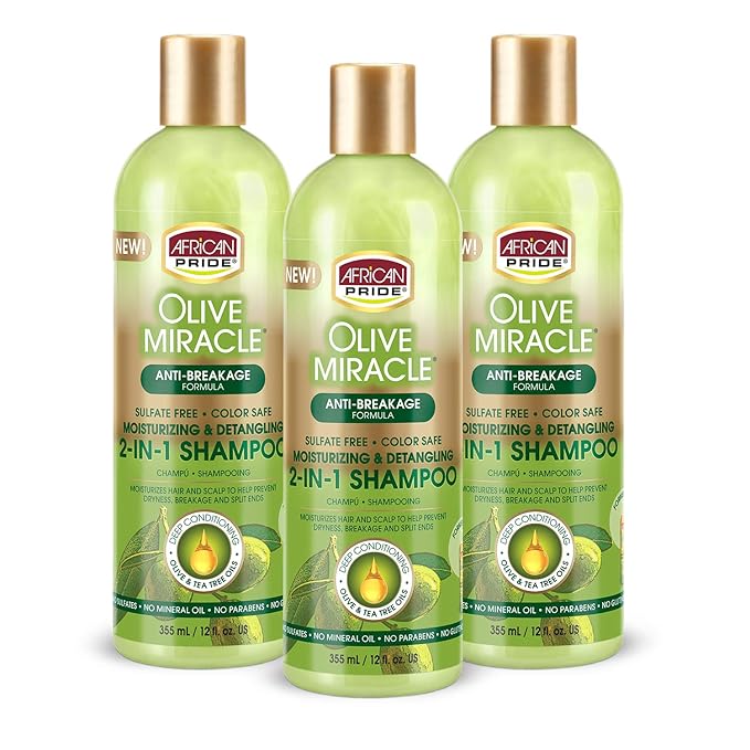 African Pride Olive Miracle Shampoo & Conditioner 2 in1 Formula (3 Pack) enriched with tea tree and olive oil to moisturize and protect hair and scalp, 12oz.