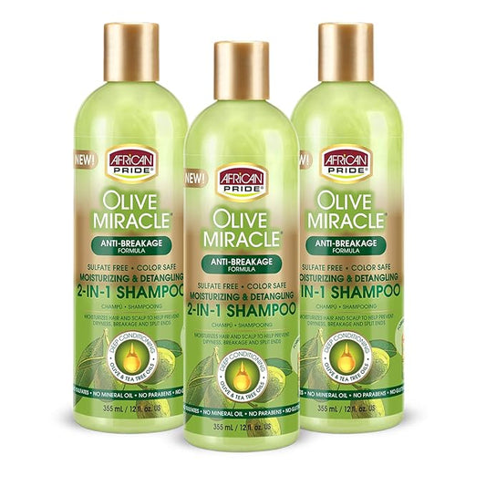 African Pride Olive Miracle Shampoo & Conditioner 2 in1 Formula (3 Pack) enriched with tea tree and olive oil to moisturize and protect hair and scalp, 12oz.