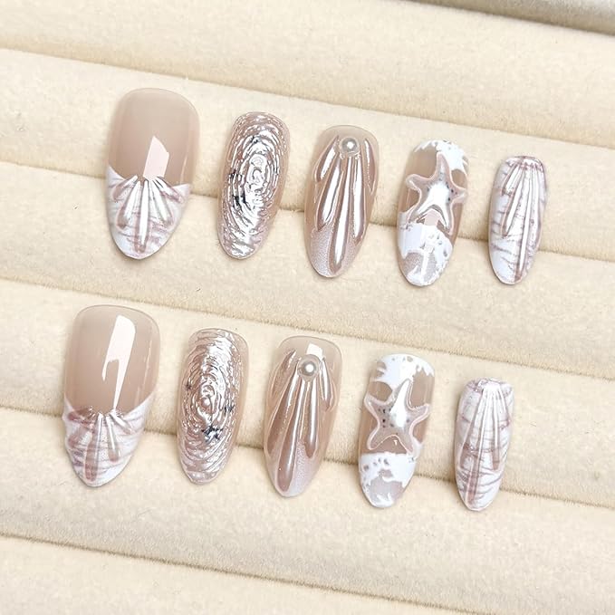 24Pcs Summer Beach Press on Nails Medium Almond French Tip Fake Nails 3D Shell Starfish Rhinestones Designs Full Cover Stick on Nails White Shell False Nails for Women Girls Acrylic Nails Decor DIY
