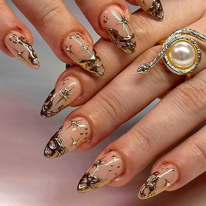 24Pcs Gold French Tip Press on Nails Short Almond Fake Nails 3D Gold Irregularity Design Nude Full Cover Glue on Nails Star Moon Stick on Nails Chrome False Nails for Women Acrylic Manicure Salon DIY