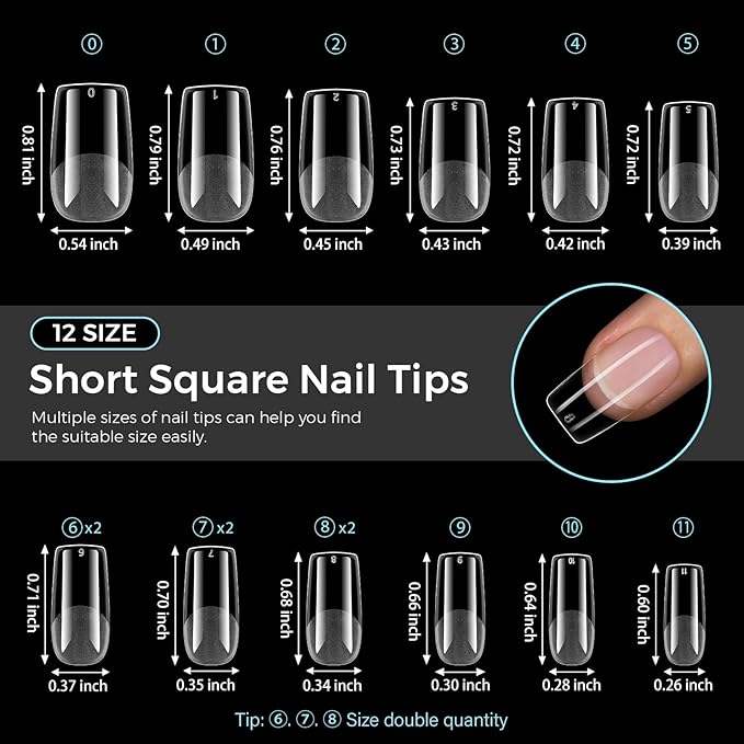 TOMICCA Short Square Nail Tips Acrylic Nails 240Pcs Acrylic Nail Kit Gel Nail Tips 12 Sizes Pre-shape Short Clear Fake Nails for Nail Extension Art Home DIY