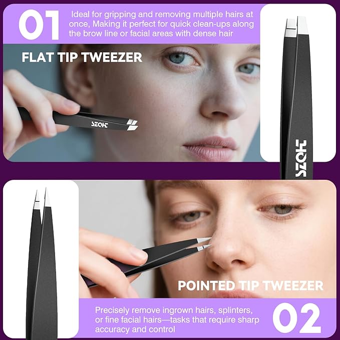 Professional Tweezers Set for Eyebrows – 4PC Precision Stainless Steel Tweezers Kit with Slant, Pointed & Flat Tips – Eyebrow Hair Removal Tool for Women & Men – Eco-Friendly Paper Tube Packaging