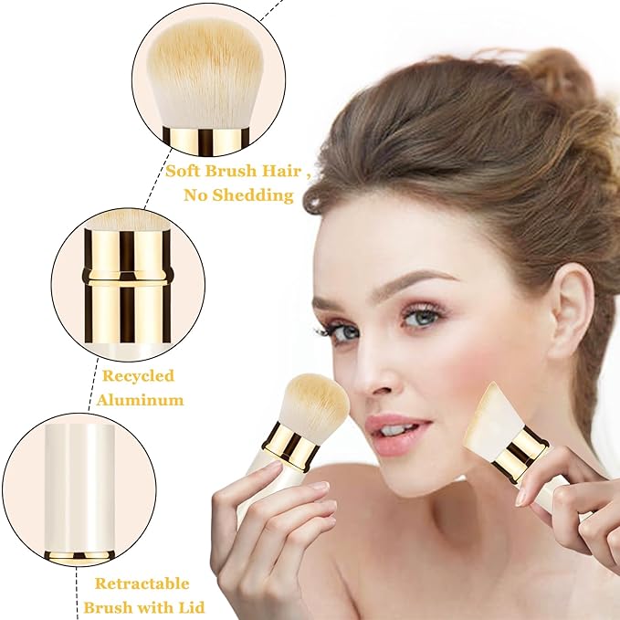Makeup Brush, Retractable 2 Pack Travel Kabuki Powder Makeup Brush, Foundation Face Blush Brushes for Blending Liquid, Blush, Bronzer, Buffing, Sunscreen,Flawless Cosmetics
