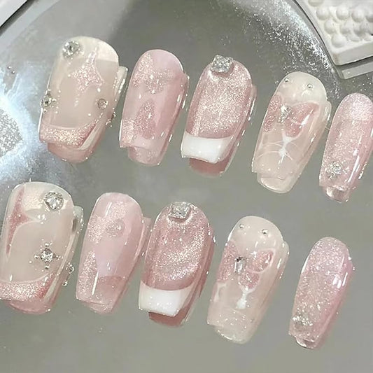 24Pcs Pink Press on Nails Short Coffin Fake Nails Butterfly Star with Rhinestones Design Full Cover Glue on Nails Artificial French Tip False Nails Glitter Stick on Nails for Women Girls Acrylic Nail